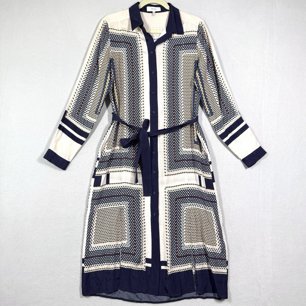 Reiss Dress Womens 6 Adelita Scarf Print Shirt Dress Geometric Tie Waist Midi